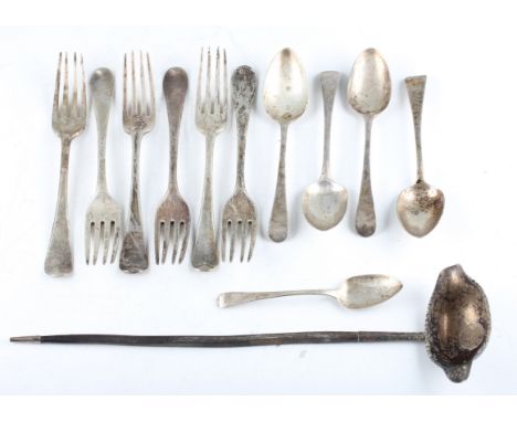 A collection of George III silver flatware, to include a set of five forks, a single fork, a ladle with wooden handle, a pair