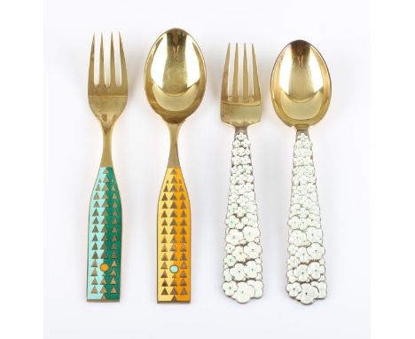 A lot to include two Danish silver gilt and enamel fork and spoon sets by A. Michelsen, one set with flower design, reverse r