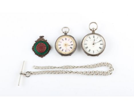 A collection of items, to include a hallmarked silver graduated curb link watch chain with T-bar, two open faced key wind fob