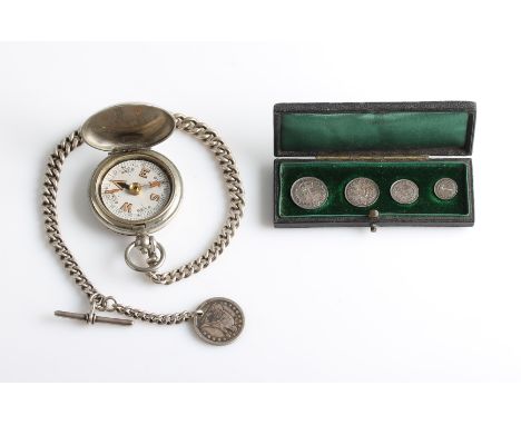 A boxed set of four 1902 Maundy coins, a military compass engraved Terrasse W. Co. VI 85185 1918, on a hallmarked silver curb