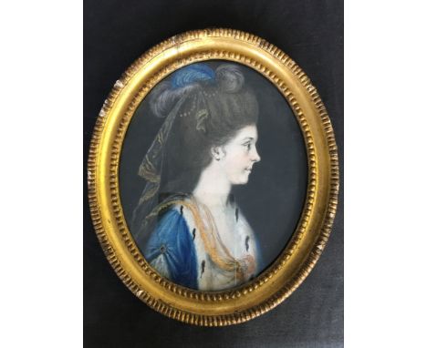 Framed, oval pastel on paper, profile portrait of female, 24.5cm x 20cm.