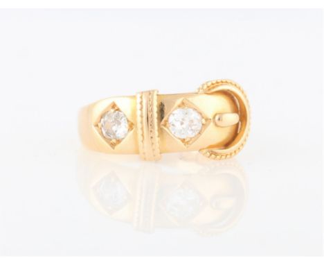 A Victorian 18ct yellow gold diamond buckle ring, set with two Old Mine cut diamonds, total diamond weight approx. 0.40ct, ha