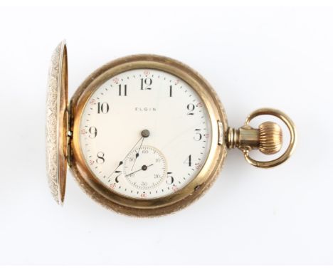 An Elgin gold plated crown wind full hunter pocket watch, the white enamel dial having hourly Arabic numerals with minute tra