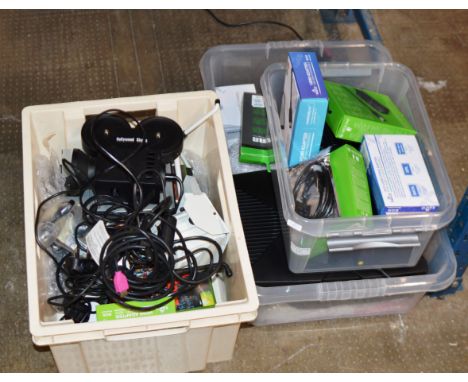 3 BOXES WITH XBOX CONSOLES, VARIOUS ACCESSORIES, COMPUTER ACCESSORIES, ADAPTORS, NOVELTY LIGHT ETC     