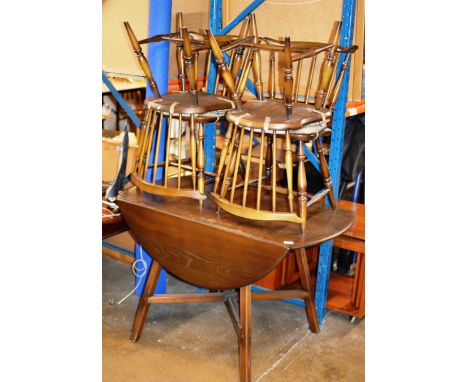 ERCOL DARK OAK DROP LEAF TABLE WITH 4 MATCHING CHAIRS     