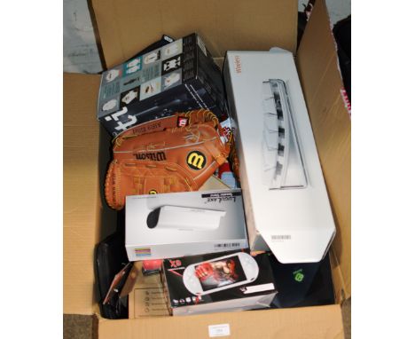 BOX WITH VARIOUS COMPUTER ACCESSORIES, BASEBALL MITS, HAND HELD GAMES CONSOLE, SPEAKER STAND ETC     