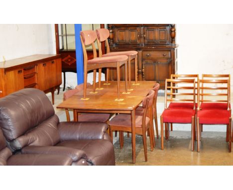 8 PIECE MID-CENTURY TEAK DINING ROOM SET COMPRISING SIDEBOARD, TABLE &amp; 6 CHAIRS, TOGETHER WITH A SET OF 6 TEAK LADDER BAC