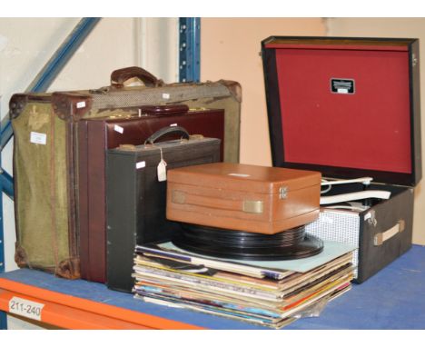 VINTAGE CASE, BRIEFCASE, 2 PORTABLE TURNTABLES, QUANTITY RECORDS ETC     