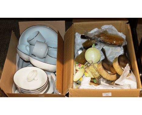 2 BOXES WITH MIXED CERAMICS &amp; GLASS WARE, QUANTITY VARIOUS TEA WARE, SILVER BACKED DRESSING TABLE SET, DECANTER ETC     