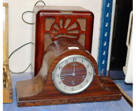 MAHOGANY CASED CHIMING MANTLE CLOCK &amp; VINTAGE STYLE RADIO     