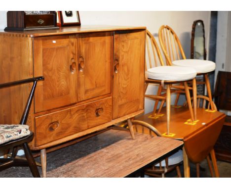 6 PIECE ERCOL LIGHT OAK DINING ROOM SET COMPRISING 45" SIDEBOARD, DROP LEAF TABLE &amp; 4 SPAR BACK CHAIRS     