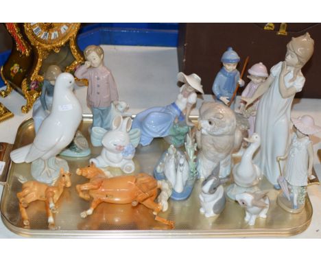 TRAY WITH VARIOUS FIGURINE ORNAMENTS, NAO, BESWICK ETC     