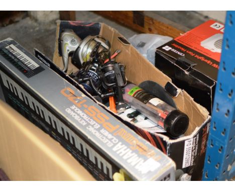 VARIOUS HEATERS, SMALL QUANTITY FISHING ACCESSORIES, GRINDER, KEYBOARD ETC     