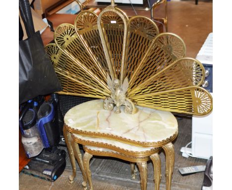 NEST OF 3 ONYX TABLES &amp; FOLDING BRASS FIRE SCREEN     
