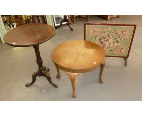 ANTIQUE MAHOGANY SNAP TOP TRIPOD OCCASIONAL TABLE, WITH CIRCULAR TOP, A WALNUTWOOD CIRCULAR COFFEE TABLE WITH BALL AND CLAW F