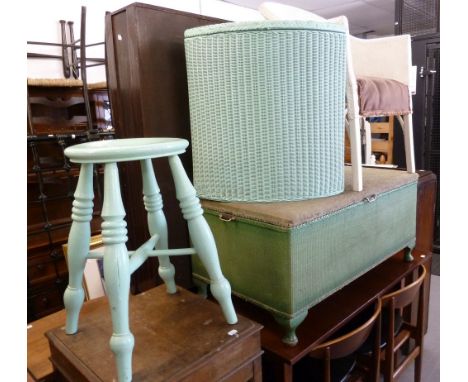 VICTORIAN GREEN PAINTED HARDWOOD KITCHEN STOOL, WITH CIRCULAR PANEL SEAT; A GREEN LOOM CORNER SOILED LINEN RECEIVER; A WHITE 