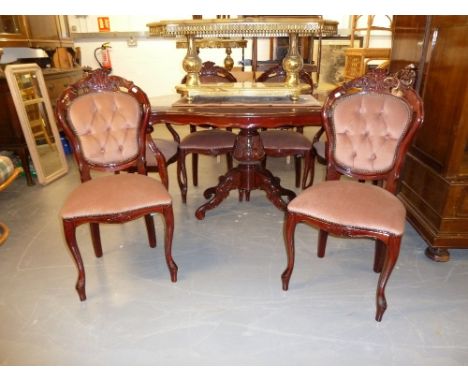 A MODERN ITALIAN DINING ROOM SUITE, THE STAINED MAHOGANY  SHAPED TOP WITH FLORAL INLAY, ON TURNED BALUSTER SUPPORT TO FOUR SC