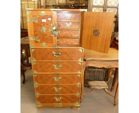 A MODERN ORIENTAL BRASS MOUNTED CABINET, ALSO AN ELECRIC LAMP STANDARD WITH BARLEY-TWIST COLUMN  (2)