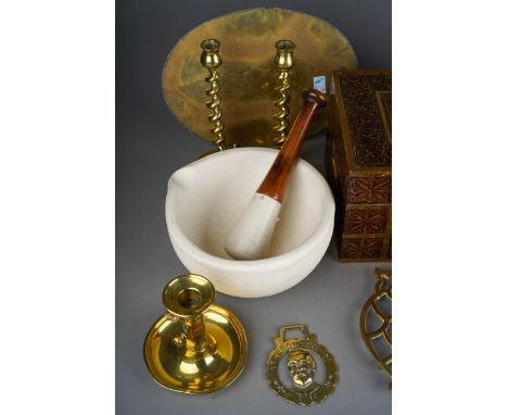 An Old English Pewter Cafe au Lait planished set including tray together with a pewter and leather service baton, four leathe