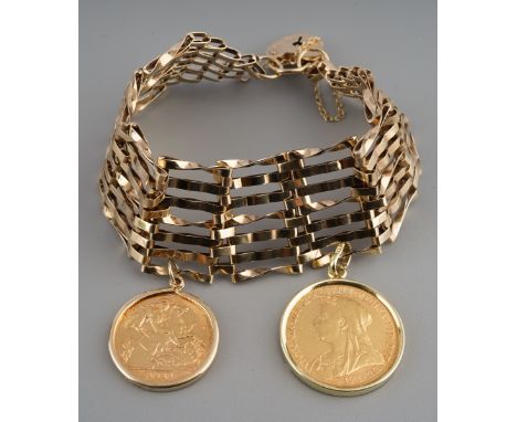 9ct gold gate bracelet with full and half sovereigns attached, gross weight 29g