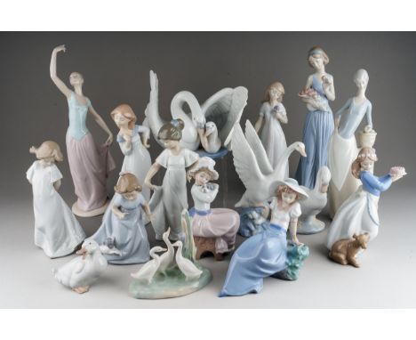 Two boxes of sixteen Nao figures of birds and girls and ladies, including Swan and cygnet no. 1358, duck with wings up, duck 
