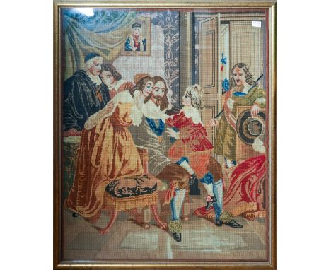A framed and glazed tapestry panel depicting Charles I bidding farewell to his children, the panel 76 x 62cm