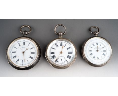 A late Victorian silver cased Centre Seconds Chronograph pocket watch No 86008m , white enamel dial with Roman numerals, oute