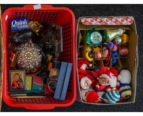 Vintage Christmas decorations, plus a box including a late 20th century Russian lacquered trinket box, a modern circular cham