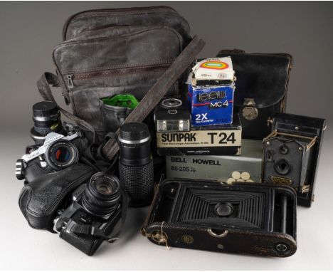 Vintage cameras including leather cased Eastman Kodak folding pocket; Rajar no 6 folding camera; Fujica STX-1 manual; Pentax 