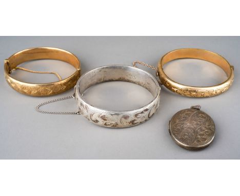 A Victorian style engraved 9ct gold bangle, hallmarked approx weight 29.4 grams together with a 9ct gold plated bangle, a sil