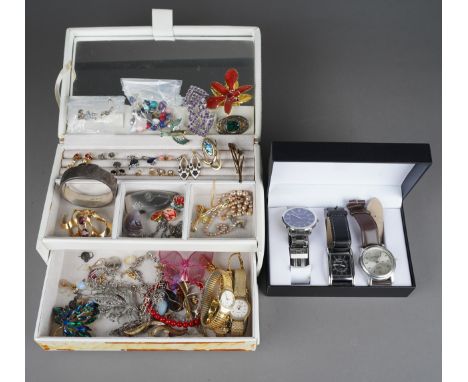 Two boxes of gent's and ladies wrist watches and costume jewellery, including silver bangle with engraved inscription, gold p