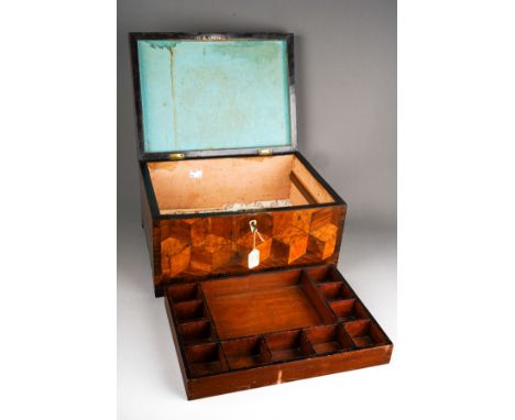 A 19th Century parquetry travelling box with one interior shelf, on bracket feet, with key, approx 36cm wide x 26.5cm deep x 