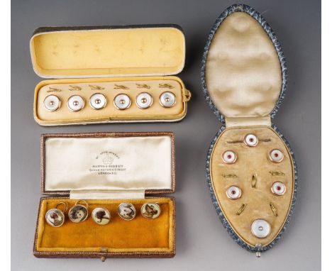 Collection of Antique button sets to include a set of dog ones and mother of pearl ones set in yellow metal