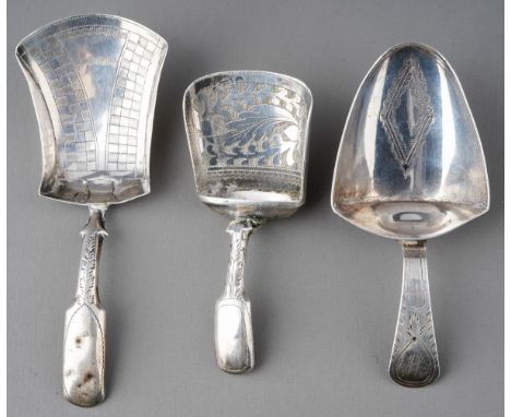 Three various George III silver bright-cut tea caddy spoons, each hallmarked Birmingham; 2 x IT, 1811 and 1820; 1 x Thomas Wi