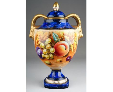 Peter Gosling: A 20th Century English bone china two handled vase and cover, the handles modelled as Ram's Heads above mottle
