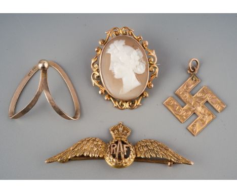 9ct gold RAF brooch, 4.4cm, 2.5g, a small 9ct gold framed cameo brooch with metal pin, 3.2g, a 9ct gold engraved charm, 1g, a