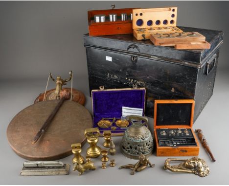 Metalware to include: a vintage cased pair of Opiate scales; further cased weights, a pair of Avery scales, a brass door knoc