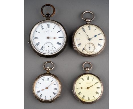 A late Victorian silver cased open faced pocket watch, white enamel dial with Roman numerals (chip to dial), the case hallmar