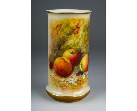 A Royal Worcester cylindrical vase hand painted with apples, cherry and currants on a mossy ground, signed Ricketts, shape no