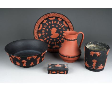 A collection of five pieces of Wedgwood black and terracotta jasperware, comprising a planter, height 11cm (badly watermarked