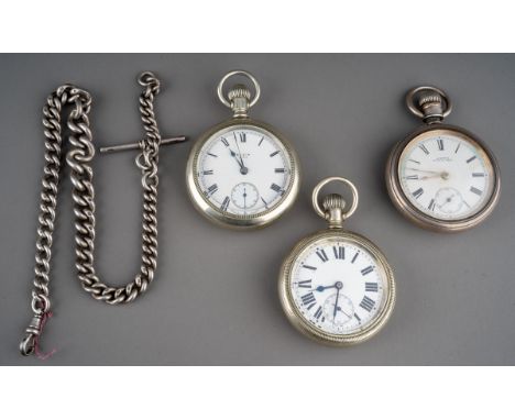 A late Victorian silver watch chain, hallmarked, approx 2.81 ozt together with three early 20th Century silver open faced poc