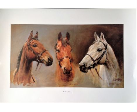 Horse Racing Print 31x21 titled We Three Kings by the artist SL Crawford picturing three of the greatest Horses of all time A