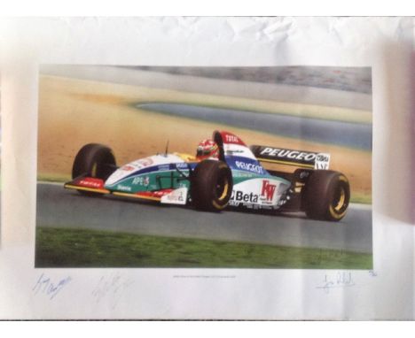Motor Racing 23x17 print picturing Eddie Irvine in the Jordan Peugeot 195 V10 at Imola 1995 signed by the artist and driver E