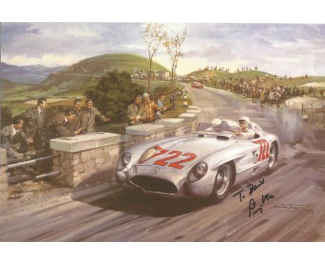 Motor Racing Stirling Moss signed 8 x 12 inch print picturing Stirling Moss/Denis Jenkinson in the 1955 Mille Migila driving 