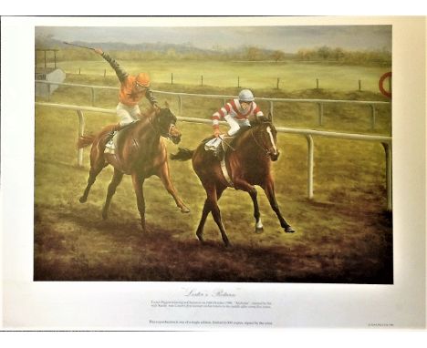Horse Racing print titled "Lesters Return by the artist Maxine Cox picturing Lester Piggott winning at Chepstow on 16th Octob