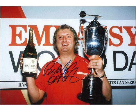 Darts Eric Bristow 16x12 signed colour photo pictured with The Embassy World Championship Trophy. Good Condition. All autogra