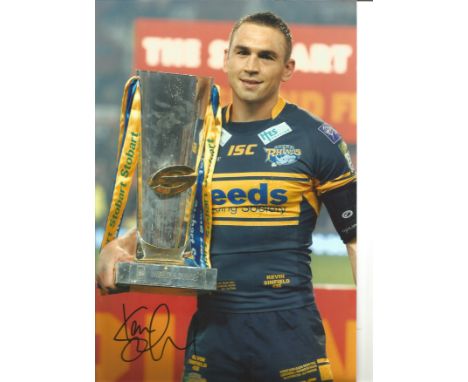 Rugby League Kevin Sinfield signed 12x8 colour photo pictured with Super League Trophy while playing for the Leeds Rhinos. Go