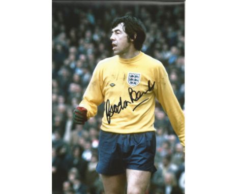 Football Gordon Banks signed 12x8 colour photo pictured playing for England. Good Condition. All autographs are genuine hand 