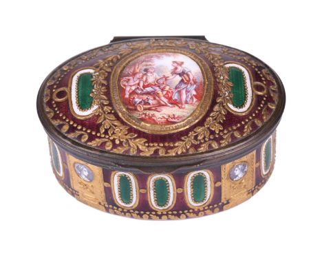 A 19th-century French porcelain, brass and enamel trinket box, of oval form with hinged lid, the cover with a central painted