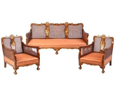 An early 20th-century walnut and chinoiserie lacquer three-piece bergere lounge suite, probably 1920s Maple &amp; Co, the sui